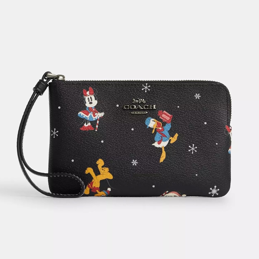 Disney X Coach Corner Zip Wristlet With Holiday Print NWT